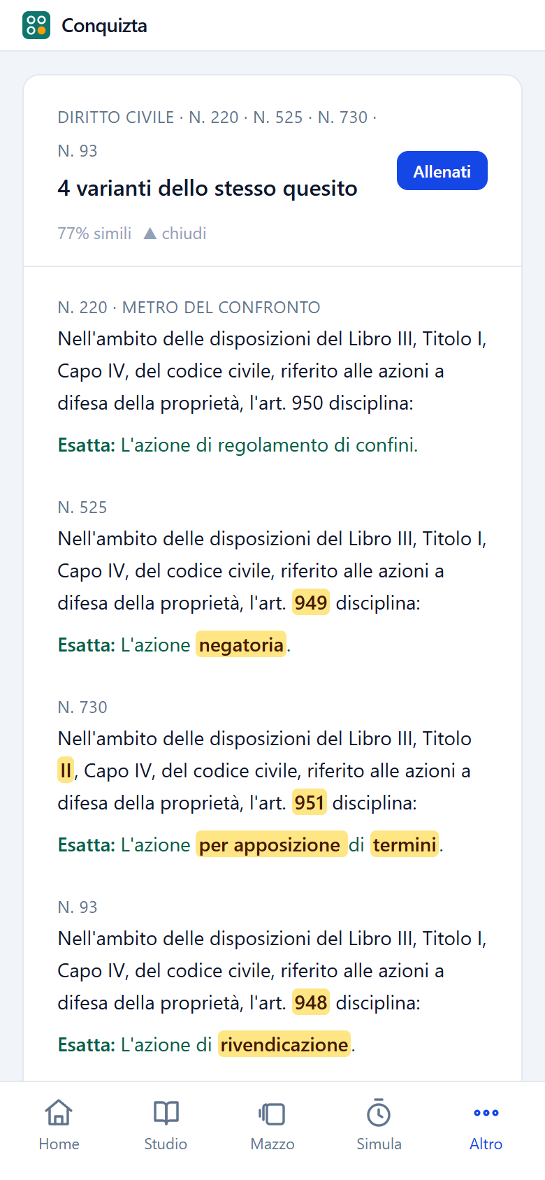 Quattro quesiti quasi identici uno sotto l'altro, con evidenziate in giallo le parole che cambiano.