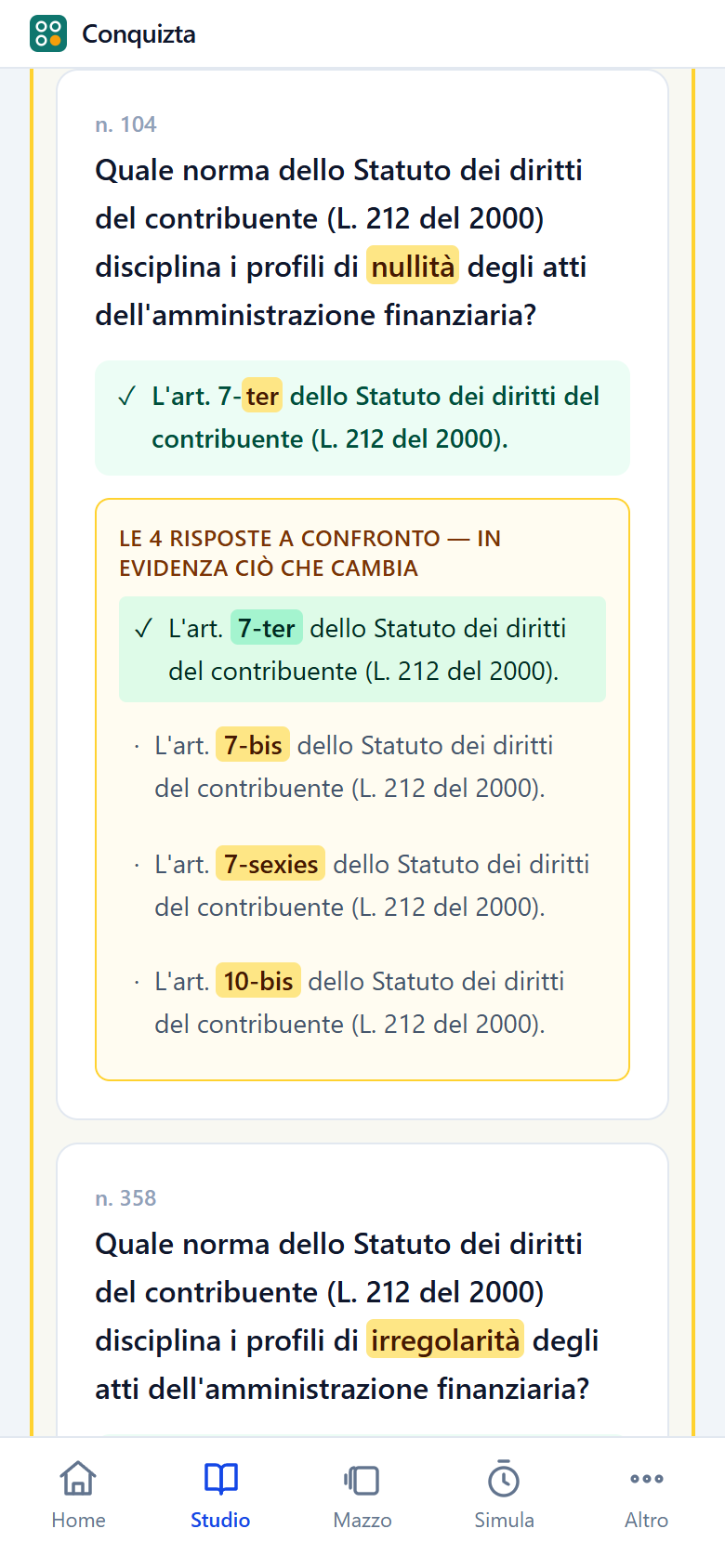 Un quesito in lettura, con sotto la sola risposta esatta e le quattro opzioni messe a confronto.